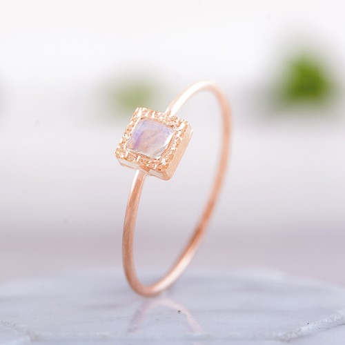 Rainbow Moonstone ring in 14k rose gold, Square Moonstone ring